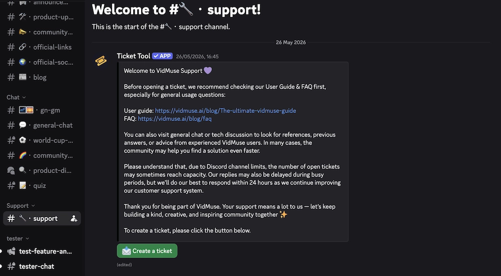The VidMuse Discord support channel with the Ticket Tool instructions and Create a ticket button
