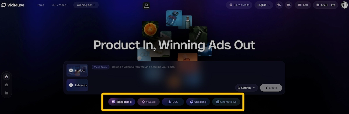 Choose AI video ad type in VidMuse