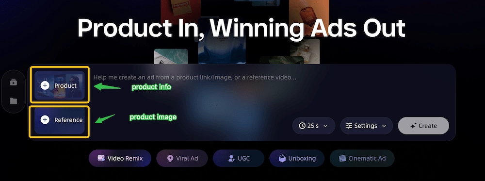 Product image and URL inputs for creating a product video