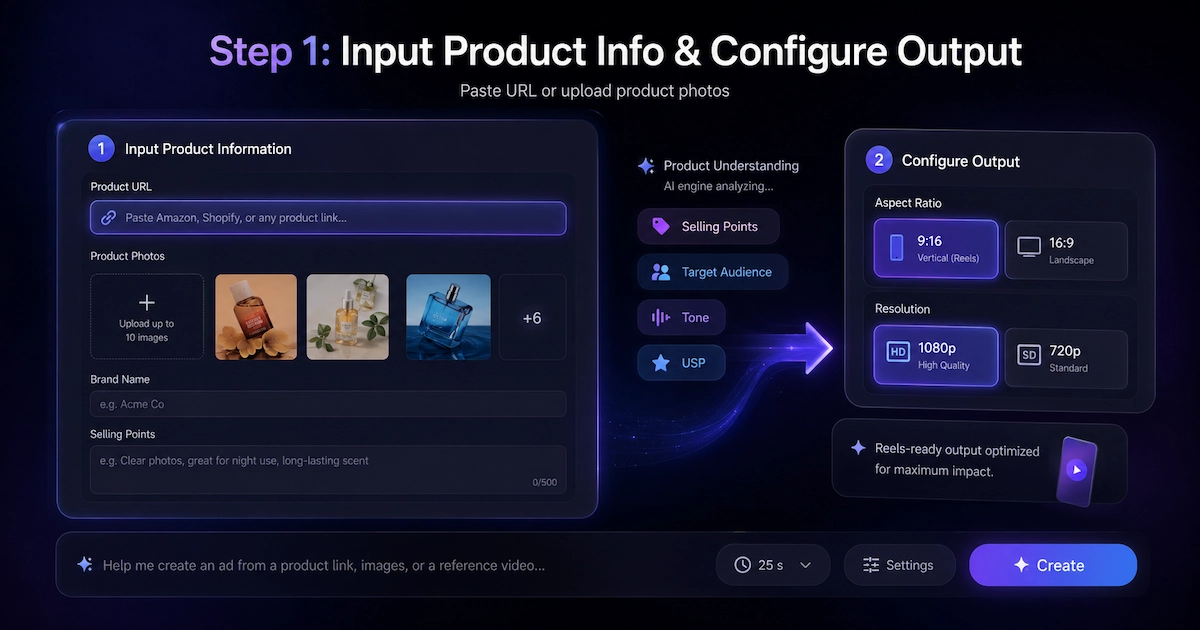 VidMuse input screen with product URL and 9:16 Reel format configuration