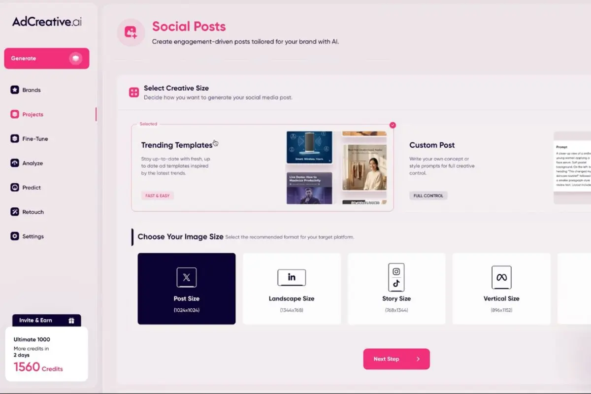 AdCreative.ai social posts and ad creative generator interface