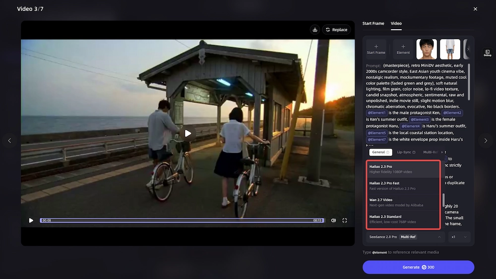 VidMuse AI Director workflow selecting Hailuo 2.3 Pro for video generation