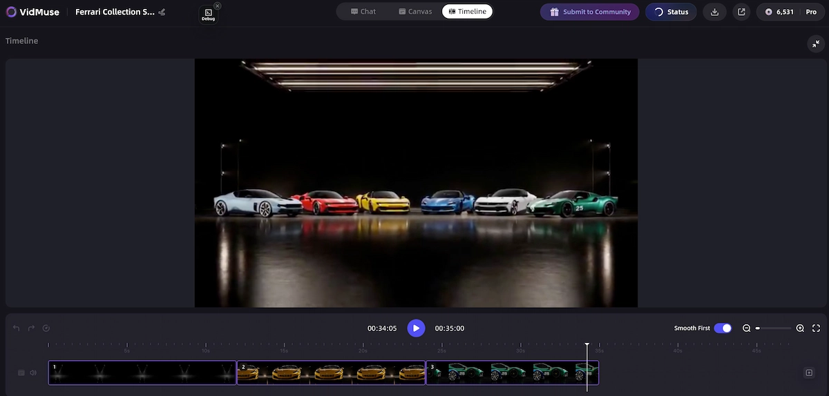 VidMuse timeline assembling AI video ads