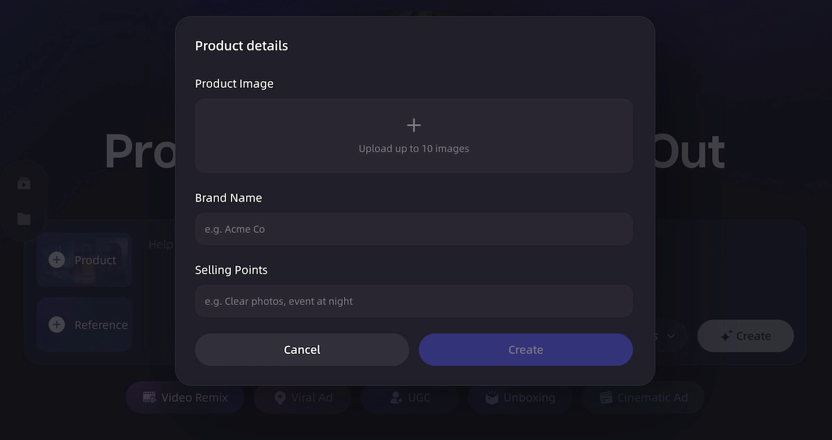 Product inputs used for AI marketing video generation