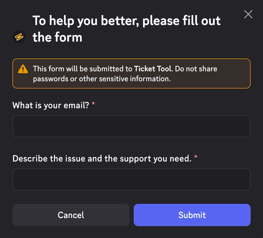 VidMuse Discord support form asking for an email and issue description