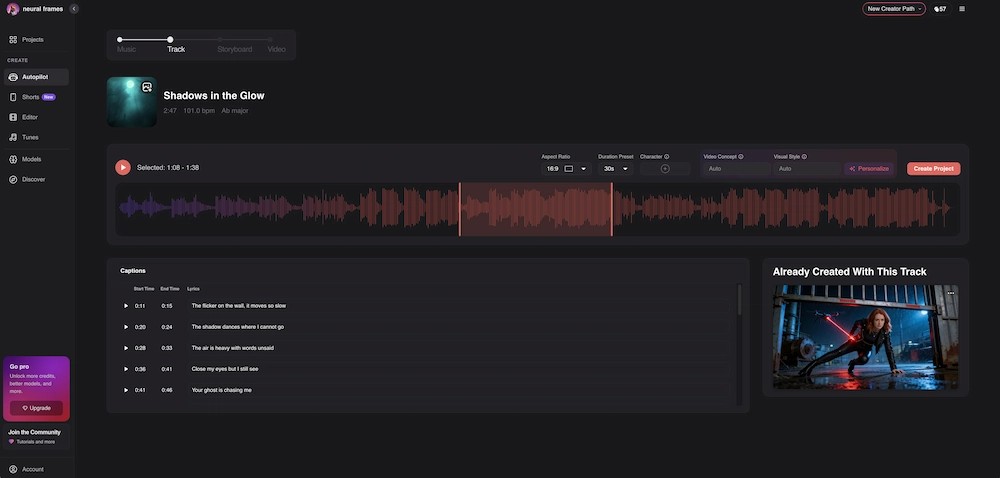 Neural Frames Autopilot mode generating a music-synced video from an uploaded track