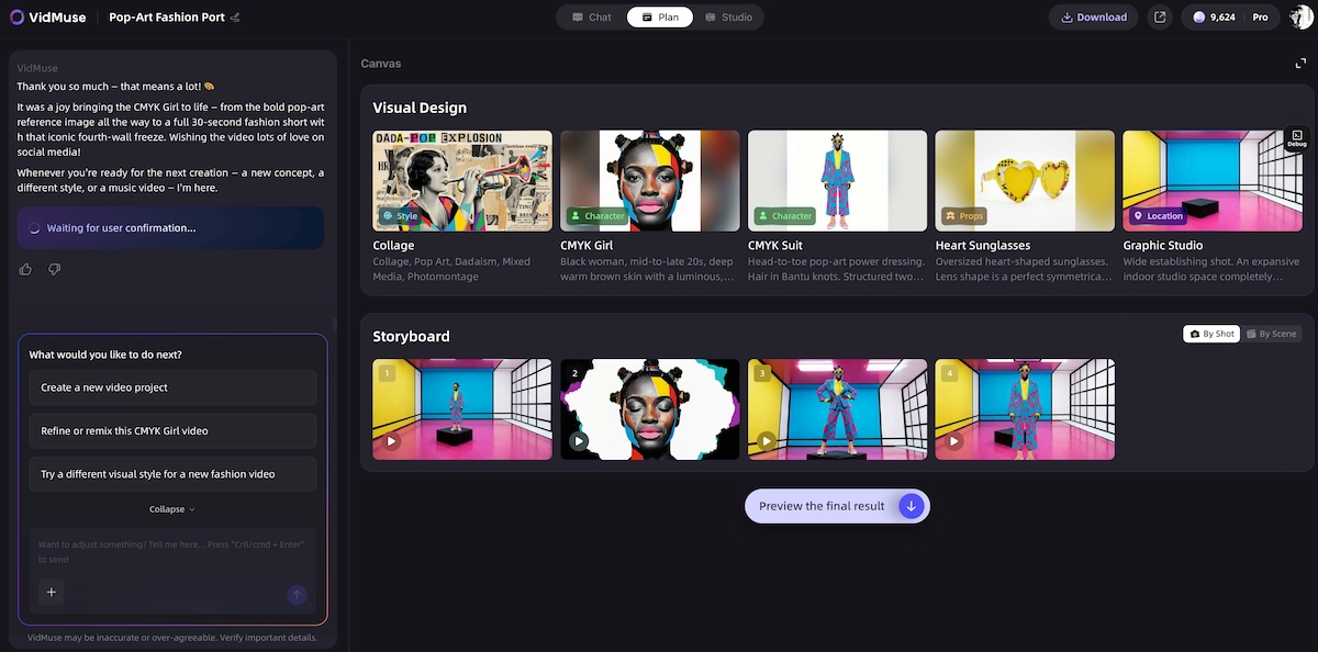 storyboard interface showing scene and shot list before video generation