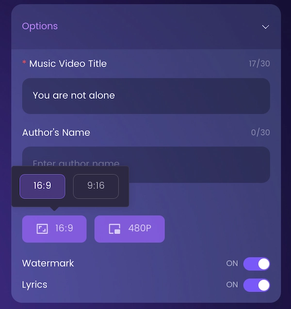 Sondo AI aspect ratio selection for music videos