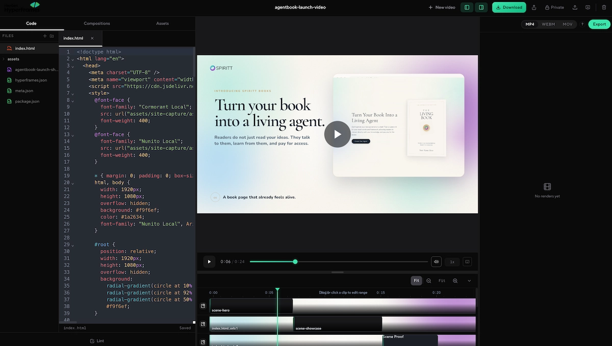 Hyperframes playground showing HTML video composition workflow