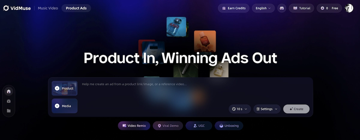 VidMuse AI Facebook ad generator product workflow screen