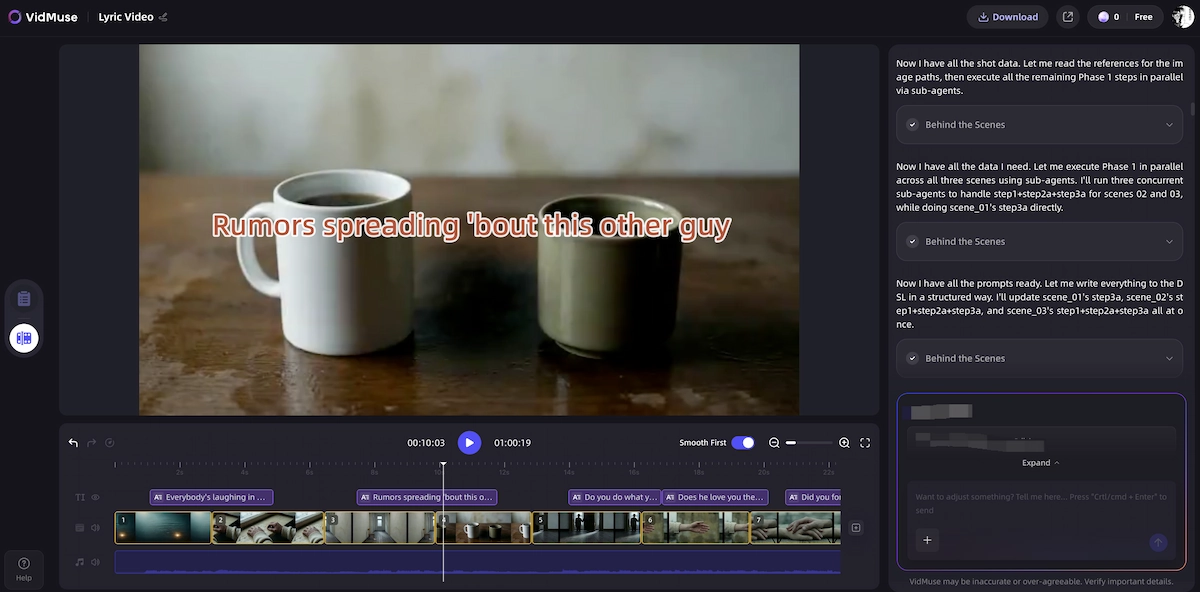 VidMuse AI lyric video maker scene planning interface